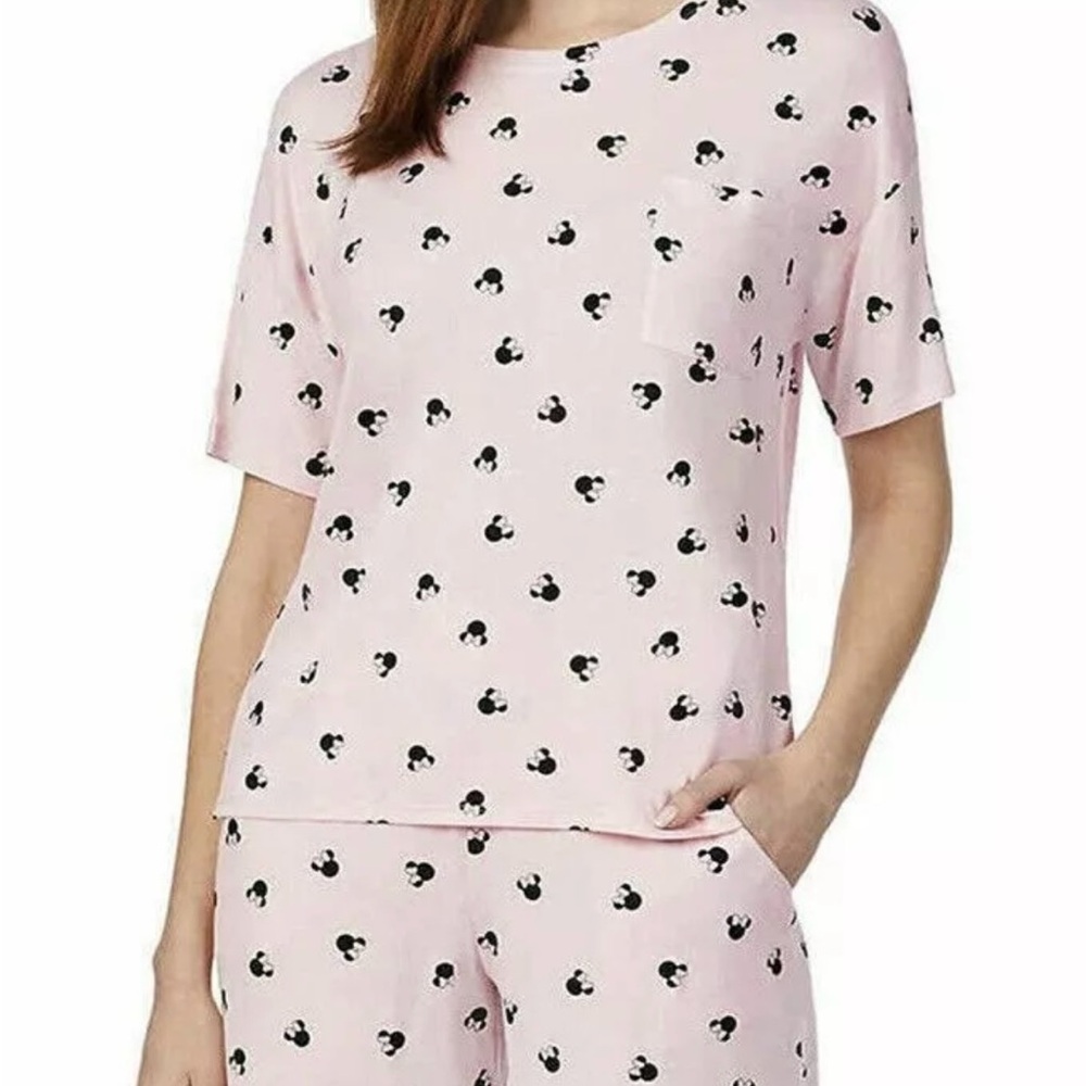 Disney women’s pink pajama set short sleeve pockets size Large soft lightweight